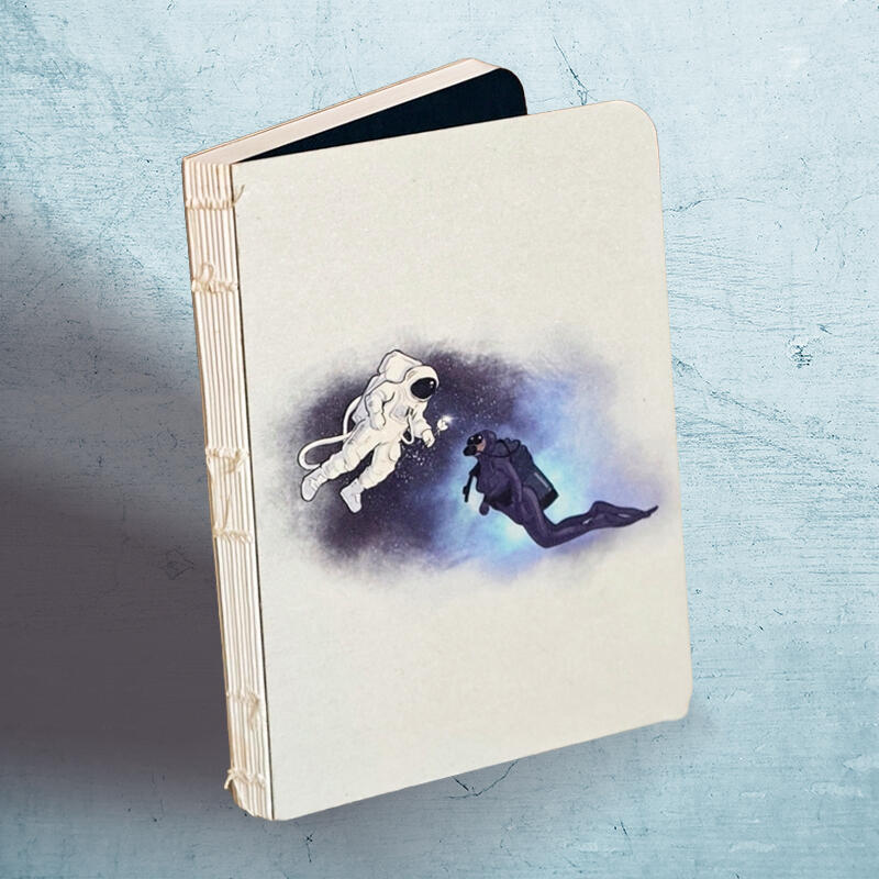 Earthbound sustainable notebook with 128 unruled pages, recycled Italian Sona paper, exposed spine notebooks. Perfect for personal use or gifting. Bangalore, India. Wildlife series. Astronaut meets Deep Sea diver.